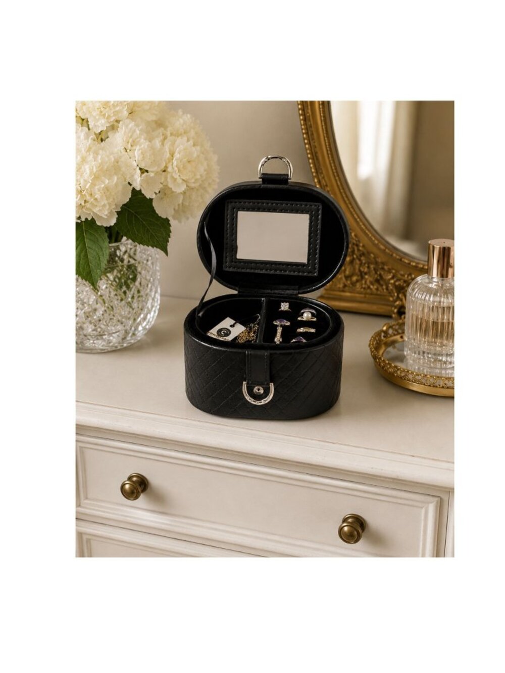 Vintage Black Quilted Jewelry Box with Mirror Travel Jewelry Case Hidden Storage